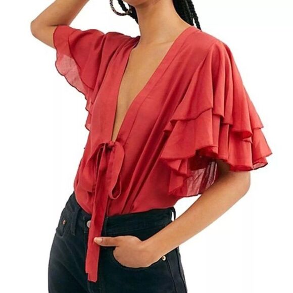 Free People Call Me Later Ruffled Thong Bodysuit Tiered Boho Fairy Rust Red sz S - Picture 2 of 10